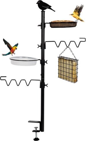 Deck Bird Feeder Station Kit Deck Bird Bath Hook Bird Feeding Pole, Steel Multi Bird Feeder Railing Hanging Kit, Bird Feeder Stand Porch Planter Hanger for Attracting Wild Birds(Black)