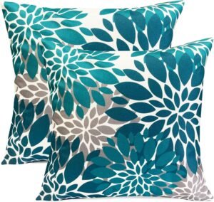 Decorative Throw Pillow Covers Set of 2 Teal Blue pillow covers 16x16 Inch Couch Pillow Covers for Sofa Living Room Outdoor throw pillow cover Linen Floral Flower Farmhouse Pillowcase