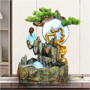 Desktop Waterfall Tabletop Water Fountain, Indoor Waterfall with Mist Maker and Resin Artificial Trees, Small Buddha Statues, Moon Sculptures for Home Office Decor Fountains Décor