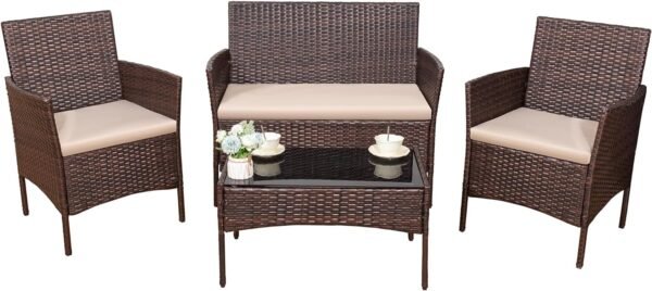 Devoko 4 Pieces Outdoor Patio Furniture Set, PE Rattan Wicker Chairs Balcony Lawn Porch Patio Furniture Sets with Beige Cushion and Table (Brown)
