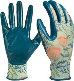 Digz Stretch Knit Garden Gloves with Nitrile Coating | Latex-Free Rubber Gardening Gloves | Color: Coral Floral | Size: Large