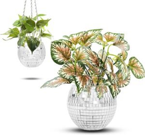 Disco Ball Planter for Indoor Outdoor | Self Watering Hanging Flower Pot | 6'' Unique Boho Vase Home Office Balcony Patio Tabletop Room | Small Mirror Plant Holder | Retro Groovy Little Wall Hanger