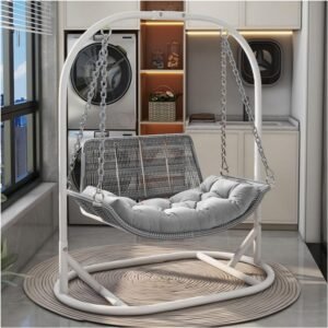 Double Hammock Chair Indoor Swing for Adults Modern Simple Design Hand Woven PE Rattan Waterproof & UV Resistant Suitable for Apartment Balconies Bedrooms Gardens Courtyards (Gray)