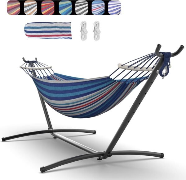 Double Hammock with Space-Saving Steel Stand, 2 Person Heavy-Duty Hammock for Garden, Yard or Outdoor, 600lbs Capacity, Fine Blue