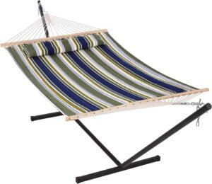 Double Hammock with Stand 12FT, Heavy Duty Hammocks with Stand for Outside, 450 LBS Weight Capacity, Blue & Green Stripes