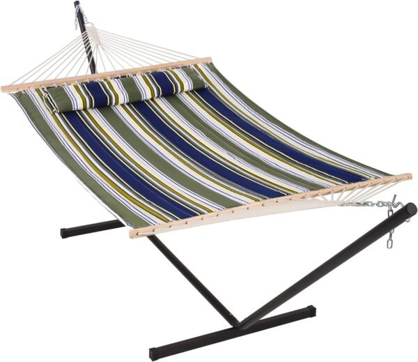 Double Hammock with Stand 12FT, Heavy Duty Hammocks with Stand for Outside, 450 LBS Weight Capacity, Blue & Green Stripes
