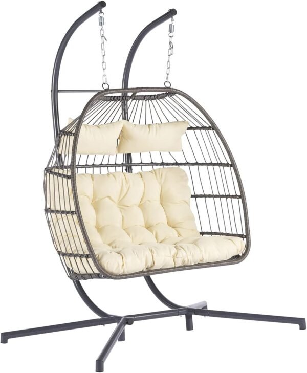Double Swing Egg Chair with Stand Large 2 Person Wicker Loveseat Hanging Chairs with Cushions Indoor Outdoor Rattan Hammock Chair for Patio Backyard Balcony,Beige