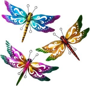 Dragonfly Garden Decor, 3 Pack Colorful Metal Dragonfly Wall Decor, Outdoor Decor Art for Patio, Yard, Fence, Garden, Outside, Backyard, Balcony