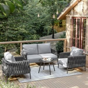 EAST OAK Life Chatter 4 Pieces Patio Furniture Set, Outdoor Furniture with Coffee Table, Patio Conversation Set Deep Seating with Thick Cushion, Backyard Porch Balcony, Earth Black & Misty Grey