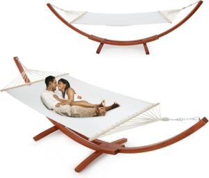 ECOTOUGE 13.3 FT Wooden Double Hammock with Stand 2 Person Heavy Duty, Easy Assemble, Weatherproof Premium Quilted Camping Hammock for Outdoor, Patio(White)