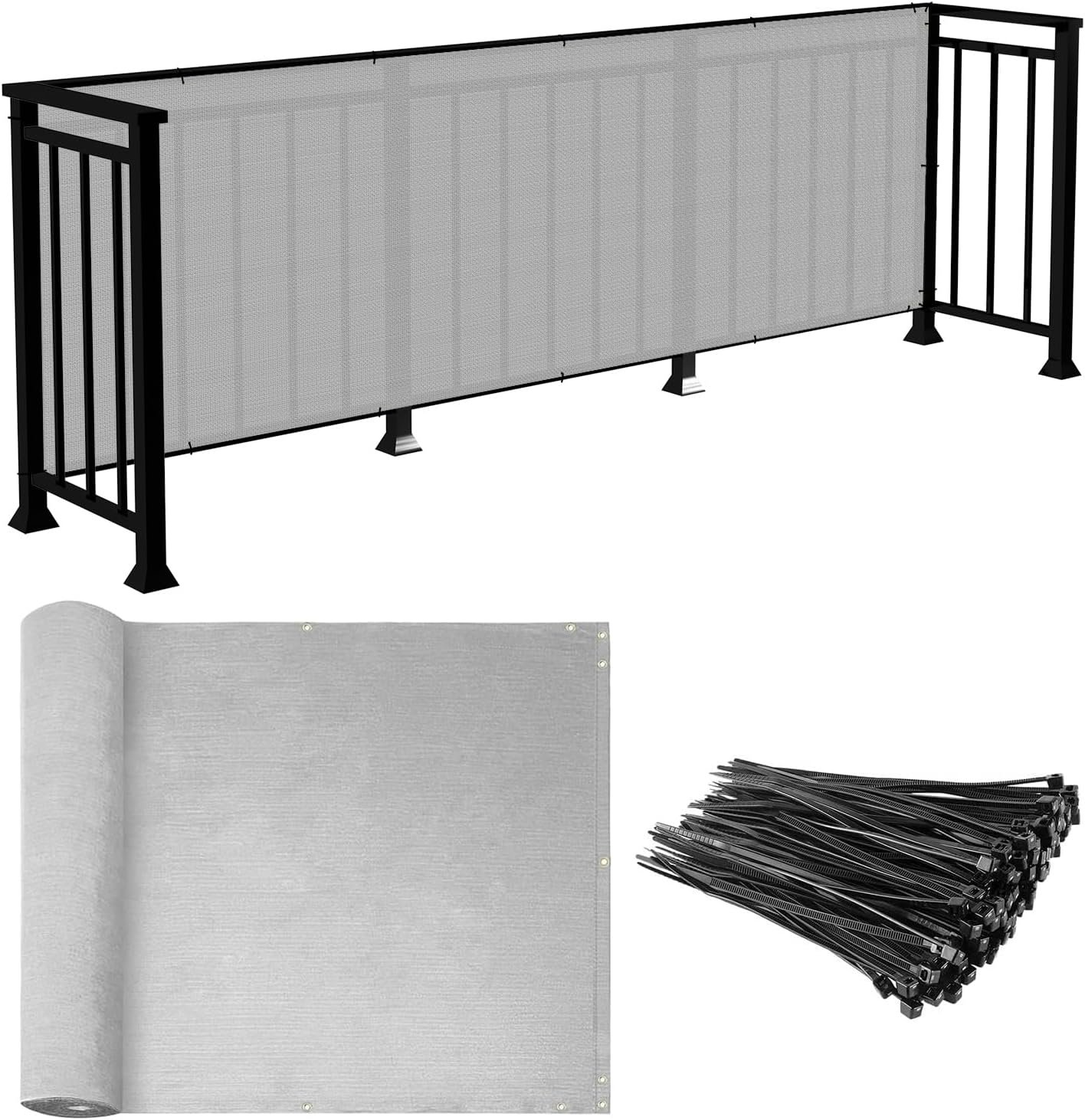 E&K Sunrise 2.5' x 15' Balcony Privacy Fence Screen Cover E&K Sunrise 2.5' x 15' Balcony Privacy Fence Screen Cover with Zip Ties Outdoor Screen Fence UV Protection for Deck Patio Backyard Apartment Pool Porch (Gray)