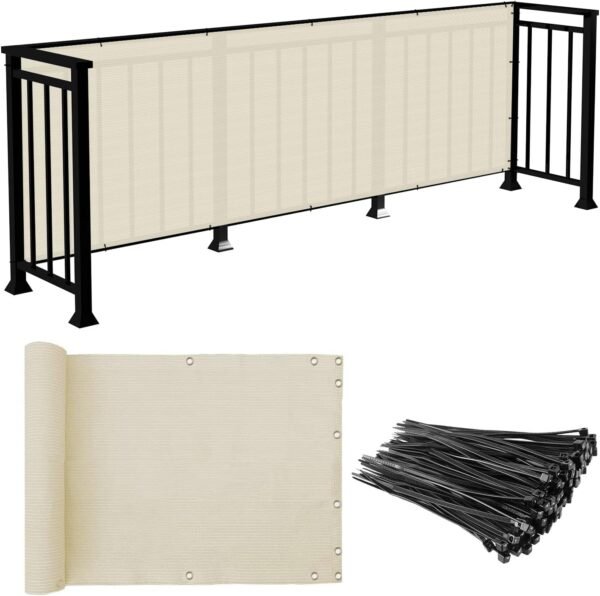 E&K Sunrise 3' x 10' Balcony Privacy Fence Screen Cover with Zip Ties Outdoor Screen Fence UV Protection for Deck Patio Backyard Apartment Pool Porch (Beige)