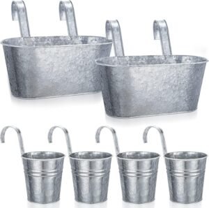 Eaasty 6 Pcs Galvanized Hanging Bucket Planter Farmhouse Hanging Flower Pots Rustic Metal Iron Hanging Plant Holder with Detachable Hooks Galvanized Planter for Window Balcony Garden Home Decor