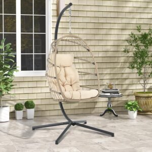 Egg Hanging Chair with Stand and Weather Cover, Foldable Wicker Rattan Swing Hammock Seat with Cushion Headrest for Patio Balcony Porch Indoor, 350lbs Capacity, Ideal Gift