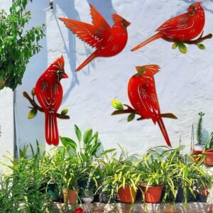 EiGreen 4 Pack Metal Cardinal Wall Art Decor Metal Birds 3D Outdoor Sculpture,Indoor Hanging Decor Ornaments Hand-Made Nimble red Bird, Wall Art Fence Decorations for Living Room Patio Balcony