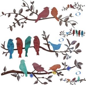 Evjocoh 3 Packs Metal Birds Wall Art Decor, Printed on Both Sides Rustic Hanging Bird and Leaf Home Decor for Balcony Garden Indoor Outdoor (Brown)