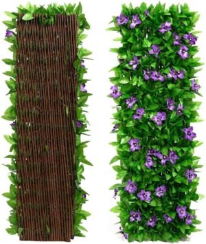 Expandable Artificial Garden Fence | Faux Ivy Leaf Privacy Fence Screen with Violet Flower, Realistic Decorative Patio Fence Greenery Backdrop for Backyard, Balcony, Outdoor