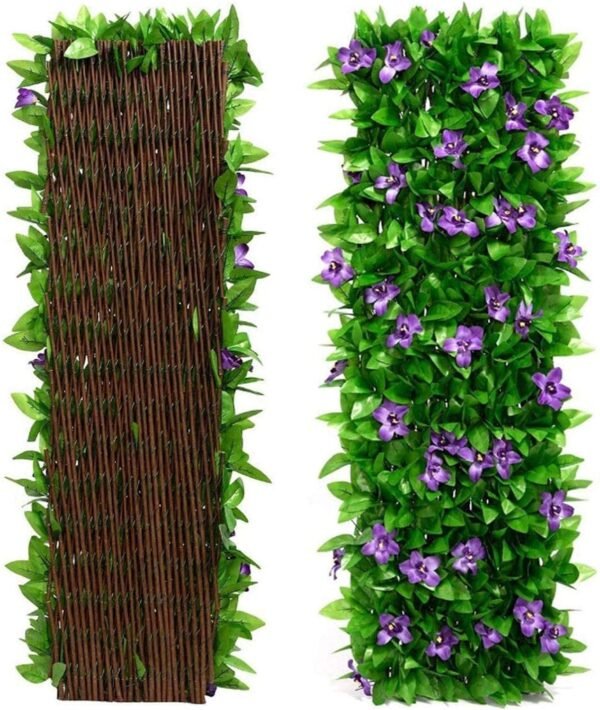 Expandable Artificial Garden Fence | Faux Ivy Leaf Privacy Fence Screen with Violet Flower, Realistic Decorative Patio Fence Greenery Backdrop for Backyard, Balcony, Outdoor