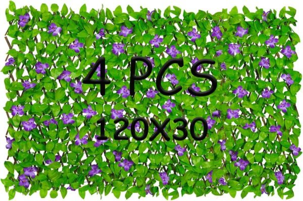 Expandable Fence Privacy Screen, 4 Pack Decorative Faux Ivy Greenery Fencing Panel for Balcony Patio Outdoor, Artificial Hedges Screen, Purple Flower (Single Sided Leaves)