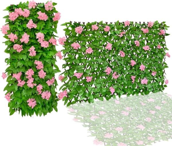 Expandable Fence Privacy Screen Faux Ivy Decorative for Outdoor Garden Wall Patio Balcony, Artificial Hedge Lattice Fencing(Single Sided Leaves) (1, Hydrangea-Pink)