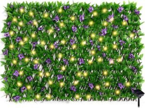 Expandable Fence Waterproof Artificial Leaf Privacy Fence with Solar String Lights Violet Hedges Backdrop Decor Faux Trumpet Flower Fence Screen for Patio Garden Balcony Backyard