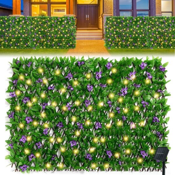 Expandable Fence with Solar String Lights, 11.8x70.8" Waterproof Artificial Leaf Privacy Fence Screen, Faux Trumpet Flower Fence Screen, Violet Hedges Backdrop Decor for Patio Garden Balcony Backyard