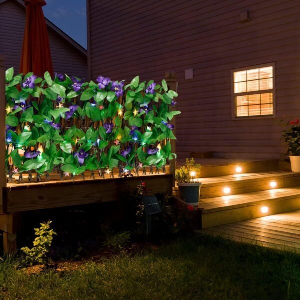 Expandable Fence with Solar String Lights, Waterproof Artificial Leaf Privacy Fence Faux Trumpet Flower Fence Screen Violet Hedges Backdrop Decor for Patio Garden Balcony Backyard