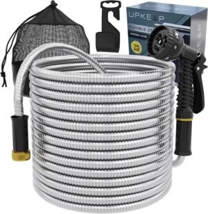 Expandable Garden Hose 75 Ft - Heavy Duty Stainless Steel Water Hose with 7 Function Nozzle, Hanging Hook, and Storage Bag - Kink Free Hose and High Pressure Metal Hose for Outdoor Garden