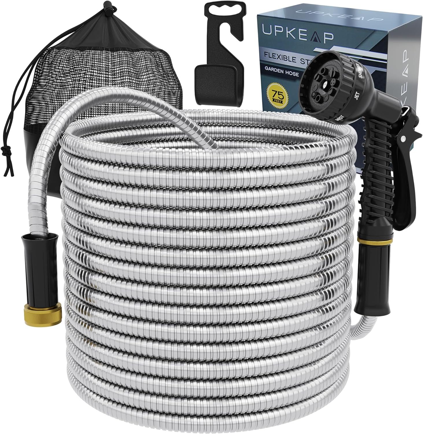 Expandable Garden Hose 75 Ft - Heavy Duty Stainless Steel Expandable Garden Hose 75 Ft - Heavy Duty Stainless Steel Water Hose with 7 Function Nozzle, Hanging Hook, and Storage Bag - Kink Free Hose and High Pressure Metal Hose for Outdoor Garden