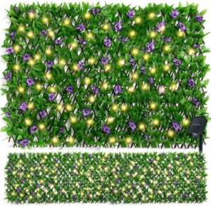 Expandable Privacy Fence, Artificial Ivy Privacy Fence Screen w/Solar String Lights, Waterproof Faux Trumpet Flower Leaf Fencing Panel, Violet Hedges Backdrop Decor for Patio Garden Balcony Backyard