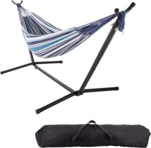 Fabric Hammock with Stand Included - Portable Hammock with Carry Bag and Powder-Coated Steel Frame for Travel or Backyard by Pure Garden (Blue Stripe)