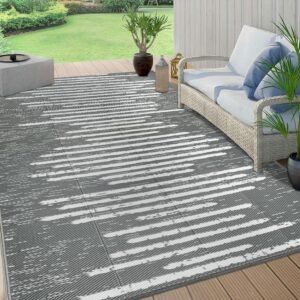 Falflor 5x8 Ft Reversible Rug for Patios Plastic Outdoor Area Rug Waterproof Outdoor Floor Carpet Plastic Straw Rug Outdoor Rug Carpet for RV Backyard Beach Picnic Balcony(Grey&White)