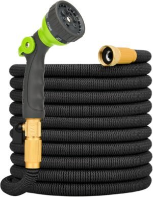 Flexible Garden Hose - 50 FT Water Hose with Fabric, 8-Function Sprayer Nozzle and Solid Fittings, Collapsible and Retractable, No Kink, Lightweight Outdoor Hose