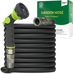 Flexible Garden Hose 50FT - Heavy Duty Outdoor Water Hose 50 FT with Nozzle, Stain Proof, Leak Preventing, Swivel Fittings for No kink, Connector reinforced, Durable for Gardening