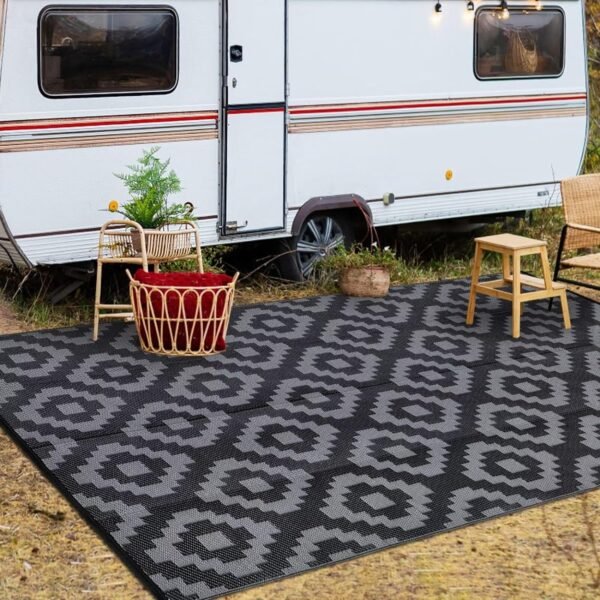 GAOMON Outdoor Rug Carpet Waterproof 8x10 Plastic Straw Rug Reversible Patio Rug RV Camping Rug Outdoor Rugs Porch Rug Patio Rug Outside RV Mat Deck Balcony Picnic Beach Decor Diamond Black Grey