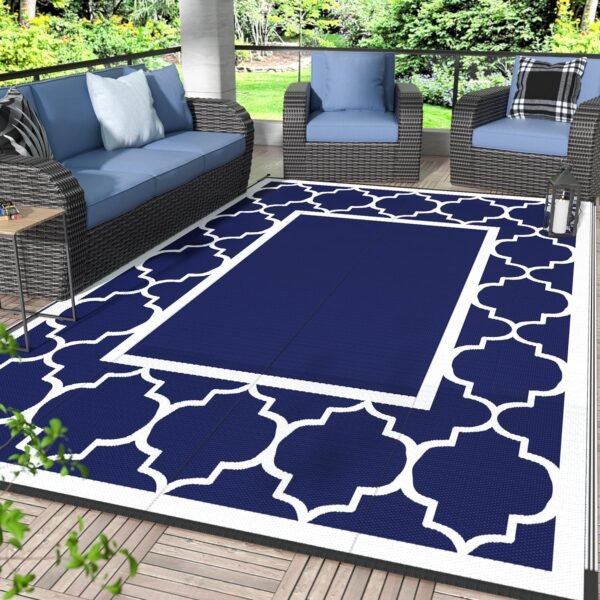GENIMO 6' x 9' Outdoor Rug Waterproof for Patio Decor, Foldable Reversible Plastic Straw Area Rugs Mat for Camper, Outside Carpet for Rv, Deck, Porch, Picnic, Beach, Balcony, Blue & White