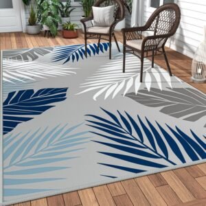 GENIMO Outdoor/Indoor Area Rug 5'x8' Waterproof for Patio Clearance, Non Shedding, Easy Cleaning, Mat for Porch, Balcony, Backyard, Deck, RV, Bedroom Carpet, Blue & White