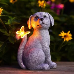 Garden Decor Solar Dog Statues: Outside Sculptures with Butterfly Clearance for Art Lawn Yard Ornaments Porch Balcony Patio Home House - Unique Gifts for Mom Women Grandma