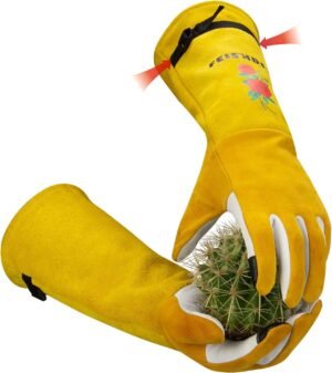 Garden Gloves Women/Men Thorn Proof, Deerskin Suede, 2 Layers Leather Rose Pruning Long Gardening Gloves for Cactus