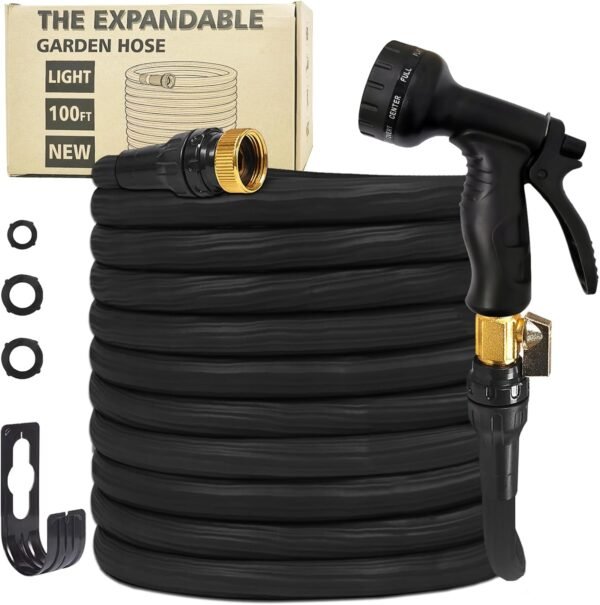 Garden Hose 100ft Expandable Garden Hose with 10-Function Sprayer Nozzles,3/4 Solid Brass Fittings Water Hose for Outdoor Watering,Flexible Light-Weight Water Pipe No Leak,Portable to Store,Black