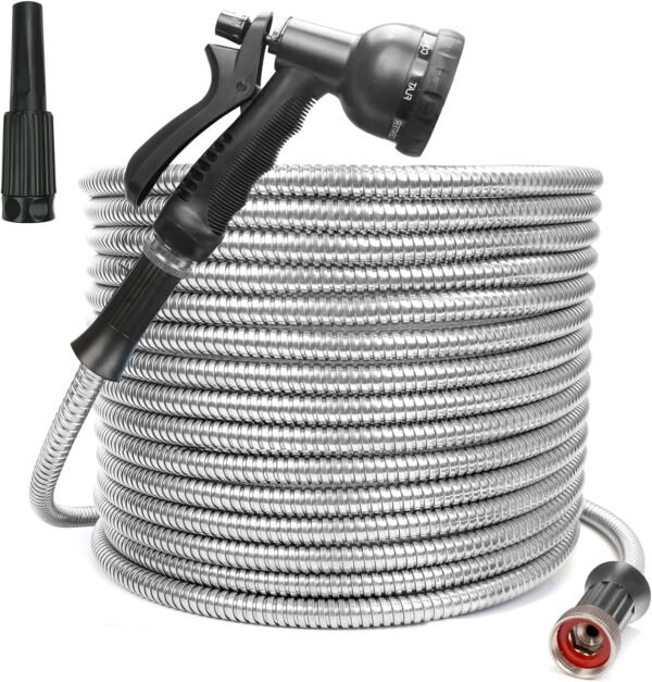 Garden Hose 304 Stainless Steel Water Hose, 50ft Heavy Duty Metal Garden Hose Expandable Leak and Fray Resistant Design Garden Hose with 8-Pattern Spray Nozzle Collapsible Hose (50ft)