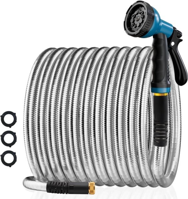 Garden Hose 50FT Stainless Steel Water Hose with 10 Functions Adjustable Spray Nozzle, Heavy-Duty Metal Garden Hose Flexible Durable No-Tangle & Kink Leak Dog Proof Hose for Yard Lawn(Blue)