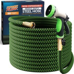 Garden Hose, NON-EXPANDABLE 50 Feet Premium Quality Stainless Steel Metal Water Hose with Durable Fabric Skin, Hose For Commercial, Residential Use, Bonus 10-way Spray Nozzle (50 Ft, Green)