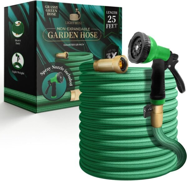 Garden Hose, NON-EXPANDABLE Garden Hose, Super Light Weight Hose, No Burst, 3/4 inch Solid Brass Connectors, 25 Ft, Grassy Green