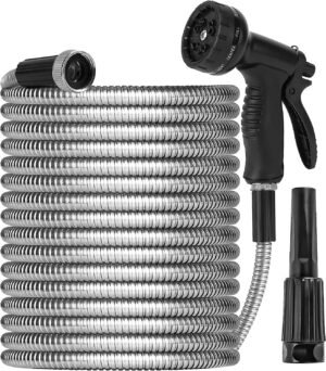 Garden Hose with 10 Function Sprayer - Stainless Steel Water Hose for Yard, RV, and Outdoors (50ft)