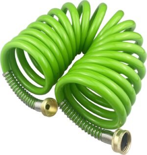 Garden Hose,15 Feet Green PU Curly Water Hose with Brass Connectors,Watering Hose Coil,Retractable,Corrosion Resistant Garden Coil Hose