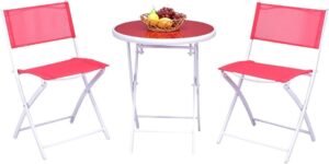 Giantex Bistro Table Set, 3 Piece Patio Bistro Set, Outdoor Folding Table and Chairs, Foldable Patio Dining Set, Porch Furniture Set Garden Backyard Metal Frame No Assembly, Red