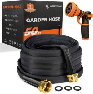 Giraffe Tools Garden Hose 50FT Lightweight Lay Flat Water Pipe Kink Free Flexible Hose with 9 Spray Function Nozzle（Black）