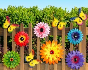 Gisafai 10 Pcs Metal Flowers Butterfly Wall Art Decoration 6 Pcs Metal Daisy Flower Wall Decor Hanging Sculptures and 4 Pcs 3D Butterfly Spring Wall Art for Outdoor Garden Fence Yard Home(Fashion)