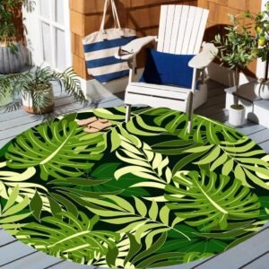 Green Monstera Tropical Plants Leaves Print Indoor Outdoor Round Area Rug 4ft Waterproof Spring Summer Outside Rug for Backyard Garden Patio Deck Balcony Porch RV Camping Floor Carpet